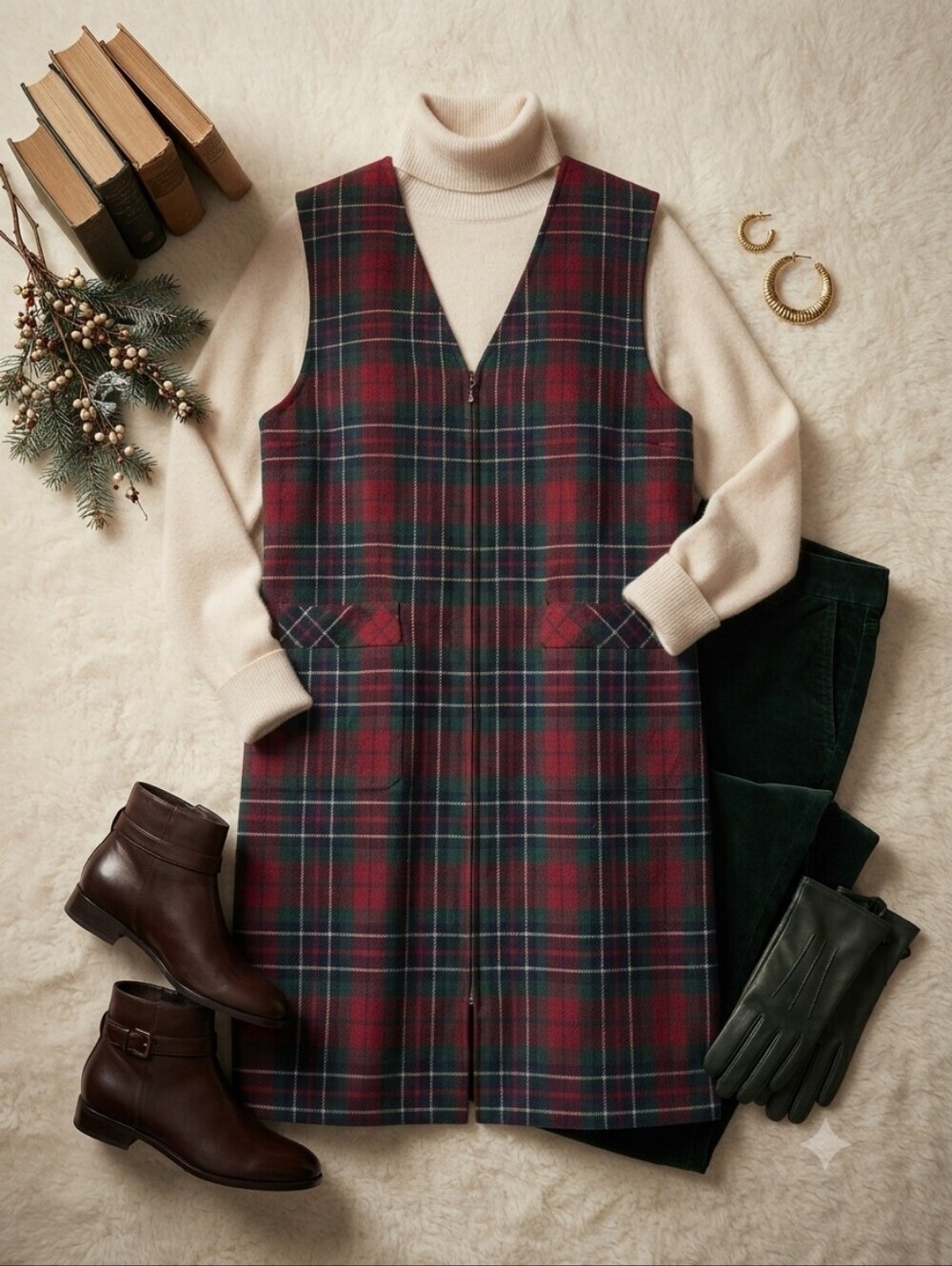 Vintage Sag Harbor Red Green Plaid Wool Blend Full Zip Jumper Dress
